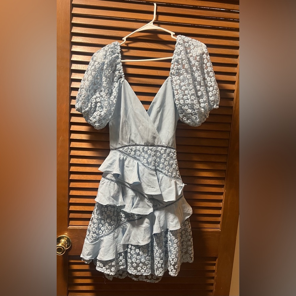 M- Light Blue Floral Ruffle Dress with Puff Sleeves